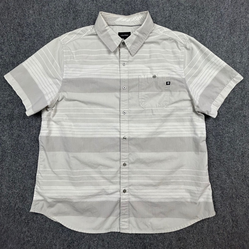 Marmot Button Up Shirt Men XXL Grey Striped Short Sleeve Organic Cotton Gorpcore